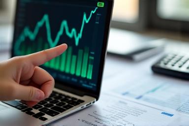 Grafy a číselné údaje na počítačové obrazovce s rukou ukazující data